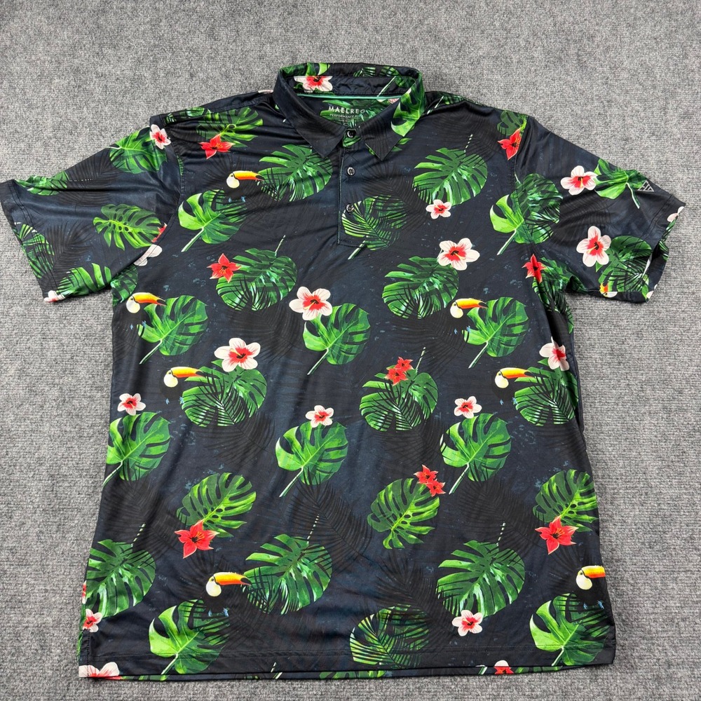 Maelreg Performance Polo Mens 2XL Black Tropical Toucan Floral Golf Shirt Summer